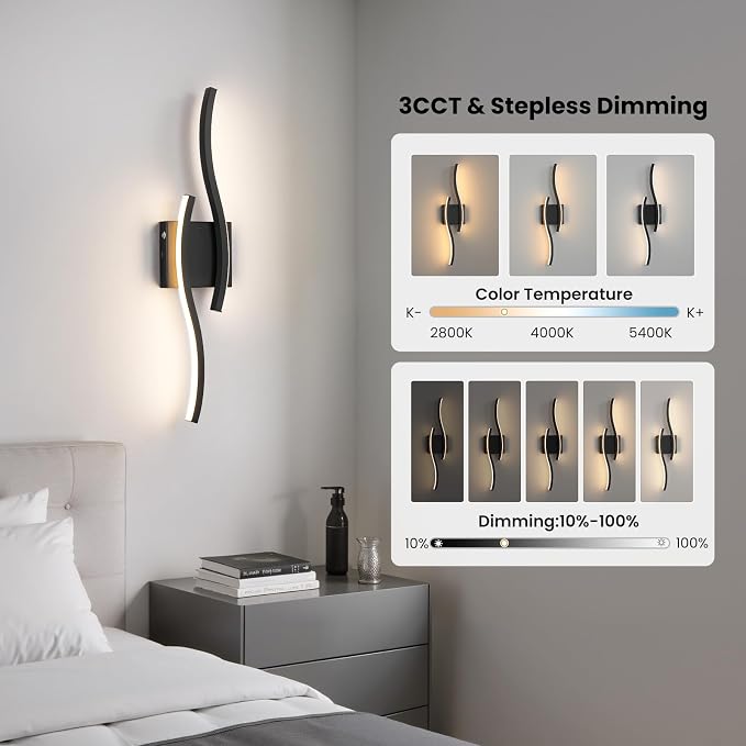 Black Battery Operated Wall Sconces: 23.6 Inch Rechargeable Sconce Lighting Set of 2 with Remote /3 Colors/10-100% Dimming/Timer Modern LED Wall Light for Bedroom Living Room Hallway Bathroom, 2 Pcs