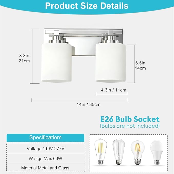 Modern Bathroom Lighting Fixtures Over Mirror, Vanity Lights for Bathroom, Wall Sconces with Milky White Glass Shades, E26 Ceramic Socket, 2-Light 14-inch Chrome