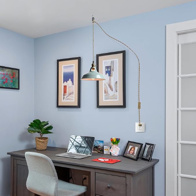YUBOLE Modern Macaron Plug-in Plendant Light,10.6-Inch Metal Barn Shade | Swag Hanging Light Fixtures with Adjustable 17.06 Feet Plug Cord Pendant for Kitchen Bar Dining Bedroom,Sea Blue