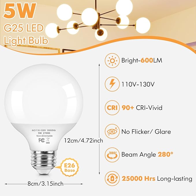 Brightever G25 LED Light Bulbs, 5W Vanity Light Bulb for Bathroom, 60W Equivalent 2700K Warm White Round Light Bulb, 600LM, E26 Base Globe Light Bulbs, 8-Pack, Non-Dimmable