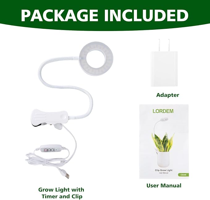 LORDEM Grow Light,Full Spectrum Pot Clip LED Plant Growth Light with Auto On/Off Timer 4/8/12H,Plant Lamp with 360°Rotatable Gooseneck, 4 Dimmable Brightness, Ideal for Small Indoor Plants, 1 Pack