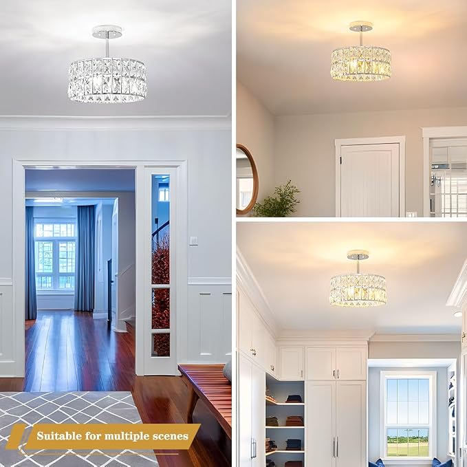 Lxybcce Chrome Crystal Ceiling Light, Modern Semi Flush Mount Ceiling Lighting, Hallway Lighting Fixtures, Small Chandelier Light Fixture for Kitchen Entryway Bedroom Dining Room, 3-Light, 12 Inch