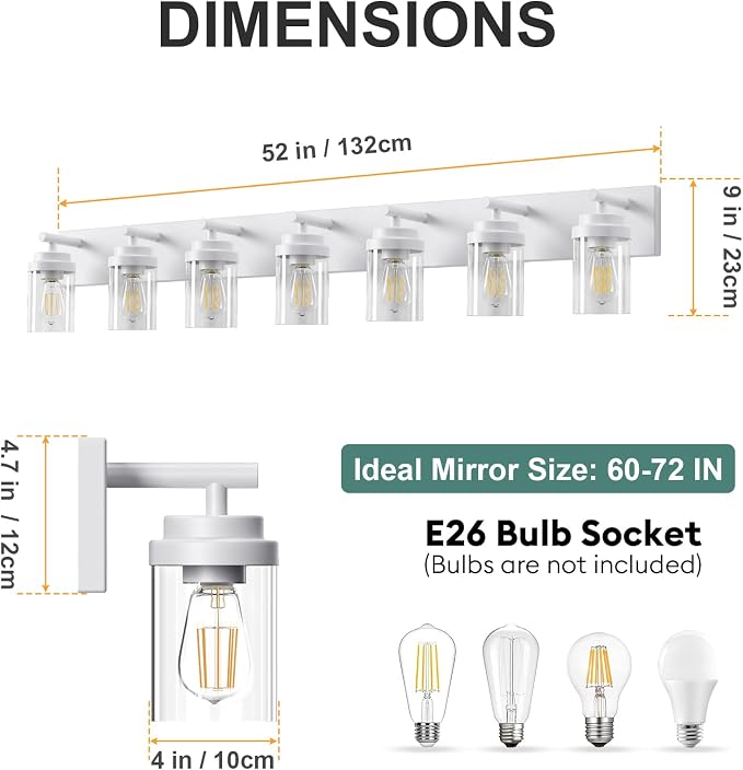 IZORRO Bathroom Vanity Light Fixture, 7-Light 52 inch White Bathroom Light Fixtures Over Mirror, with Clear Glass Shade, Modern Farmhouse Vanity Lights, Rustic Restroom Lighting Fixtures