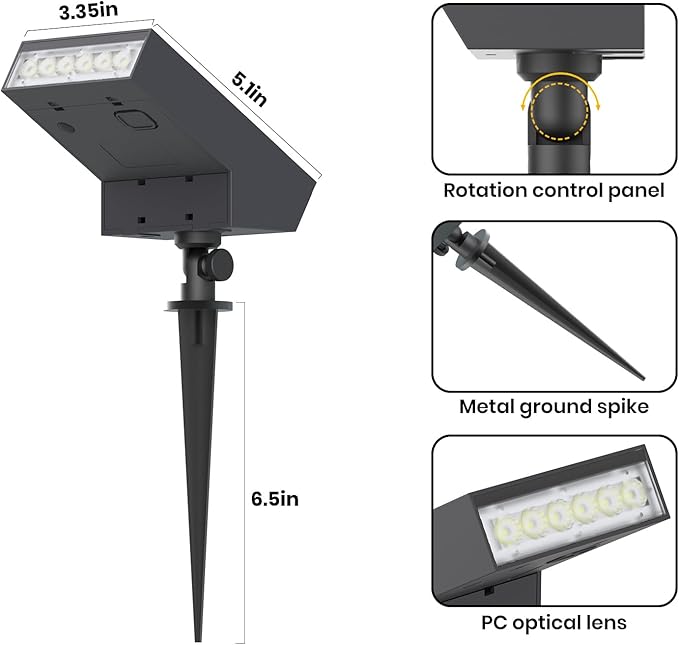 Solar Landscape Lights Outdoor, 3000K Dimmable Solar Pathway Lights, 500LM Solars Spot Light IP65 Waterproof for Walkway Lawn Yard, 2pcs