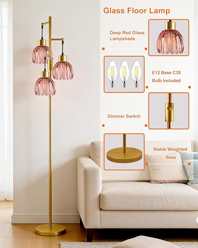Lightdot 65'' Glass Floor Lamp Dimmable Gold with Deep Red Lotus Glass Shade & 3000K Bulbs Included 3-Lights Modern Tall Standing Lamp with 5Lbs Heavy Base for Living Room/Bedroom/Sofa/Corner Decor