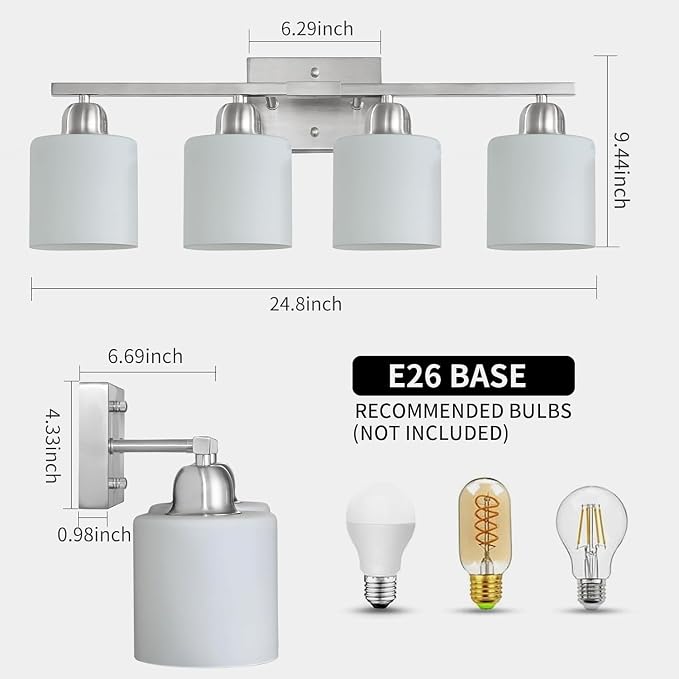 4 Light Bathroom Light Fixtures, Anti-Rust Finish Brushed Nickel Vanity Lights for Bathroom with Milky White Frosted Glass Shade for Mirror Bedroom Living Room E26 Base