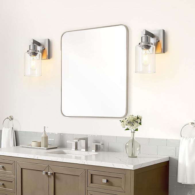 Bathroom Wall Sconces Set of 2,Brushed Nickel Wall Sconce,Vanity Light with Clear Glass Wall Mounted Light Fixture,Farmhouse Wall Lamp for Bedroom Living Room Mirror Hallway