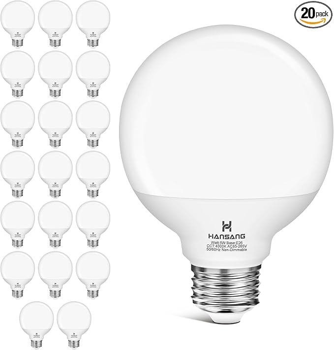 20 Pack LED Vanity Barthroom Light Bulbs 60W Equivalent 4000K Natural White | G25 LED Light Bulbs, E26 Base, CRI85+ Eye-Friendly, Type G Round Light Bulb Over Mirror, 120V, 5W, 500LM, Non-Dimmable