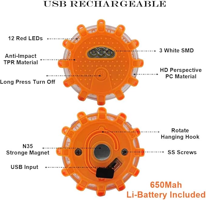 USB Rechargeable LED Road Flares Emergency Lights-Roadside Warning Car Safety Beacon Flashing Disc Flare Kit with Magnetic Base for Vehicles & Boat | 6 Beacon Disc Pack