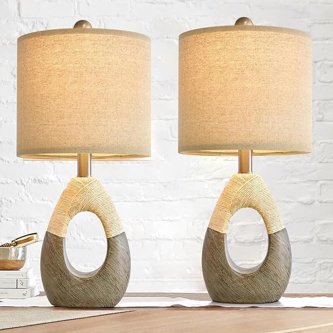 19” Boho Table Lamps Bedroom Living Room Set 2,Suitable for Small Space,Small Farmhouse RattanTable Lamp Rustic Egg Design Resin Light Decoration,Nightstand Bedside Lamps for Office Study Rest
