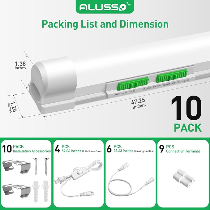 ALUSSO 4FT LED Shop Lights with 5CCT Selectable–2100LM T8 Integrated Fixture, 10 Pack, 2700K-6500K Adjustable Color Temperature, Corded Electric with On/Off Switch for Garage/Workshop