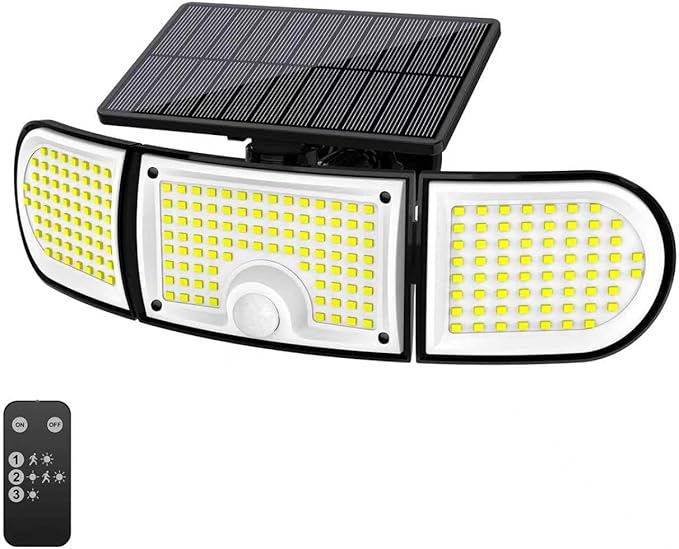 Solar Outdoor Lights, 3000LM 218 LED Motion Sensor Lights with Remote Control, IP65 Waterproof,270° Wide Angle Flood Wall Lights with 3 Modes for Outside Patio Wall (1pc)
