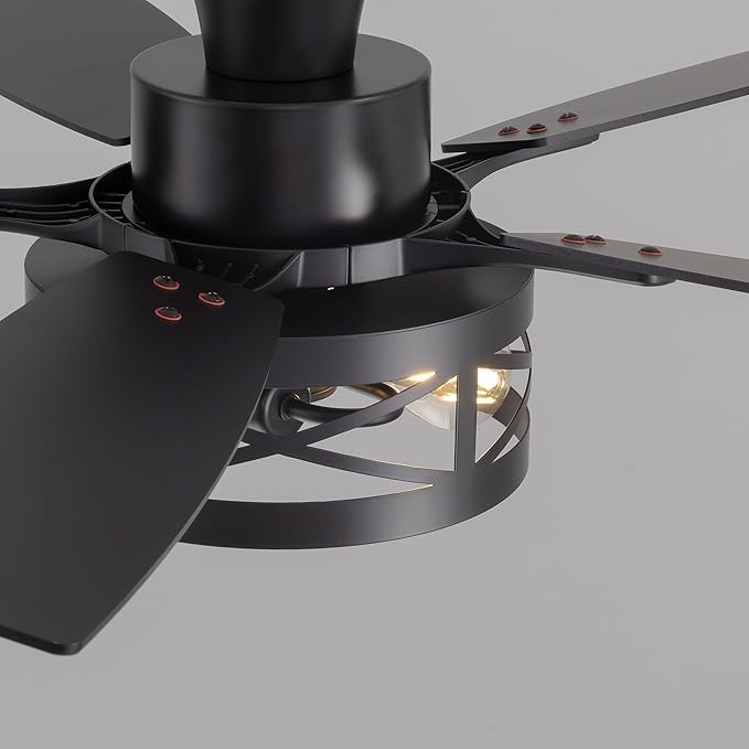 42 Inch Flush Mount Ceiling Fans with Lights and Remote Control, Low Profile Farmhouse Ceiling Fan for Bedroom Living Room and Patio, Black Caged Ceiling Fan for Indoor and Outdoor