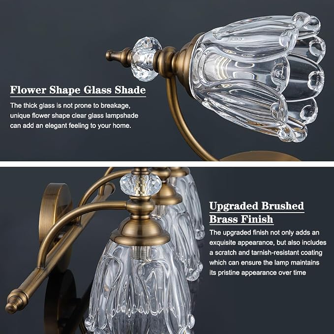 Brushed Gold Bathroom Vanity Light, Farmhouse Brass Bathroom Light Fixtures Over Mirror, 3 Light Vanity Lighting Fixtures, Flower Glass Shade Wall Sconce Lighting