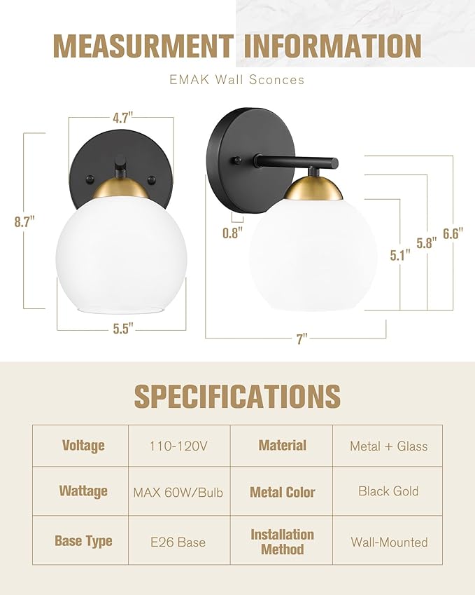 Emak Modern Sconces Wall Decor Set of 2, Black Gold Bathroom Vanity Light with Milk Glass Shade, Globe Wall Lamp for Living Room, Pictures, Bedroom, Bathroom, Hallway, WS114-BKBGD-ML-2PK