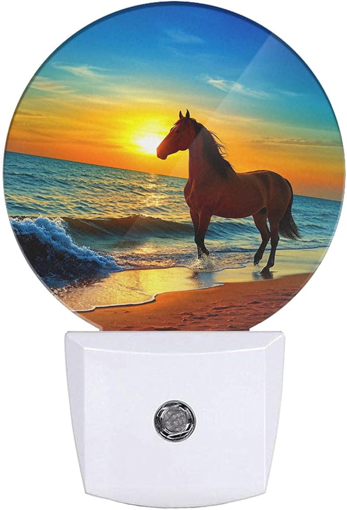 Beautiful Sunset Nightlight Brown Horse Running by The Sea Night Lights Plug into Wall Dusk to Dawn Sensor Round Night Light for Adults Boys Girls, 0.5W Energy Efficient