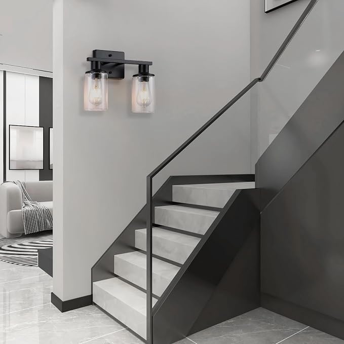 2 Pack Matte Black Bathroom Light Fixtures Over Mirror,2-Light Bathroom Vanity Light with Clear Glass Shade,Modern Farmhouse Wall Sconces Lighting for Mirror Kitchen Living Room Cabinet