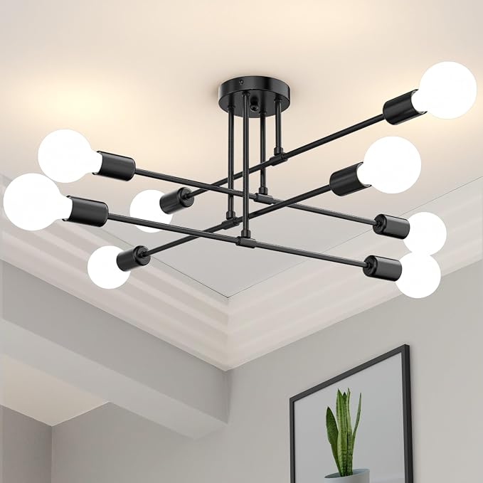 Modern Sputnik Chandelier Ceiling Light Fixtures, 8-Lights Mid Century Industrial Metal Semi Flush Mount for Dining Room, Bedroom, Living Room-Black