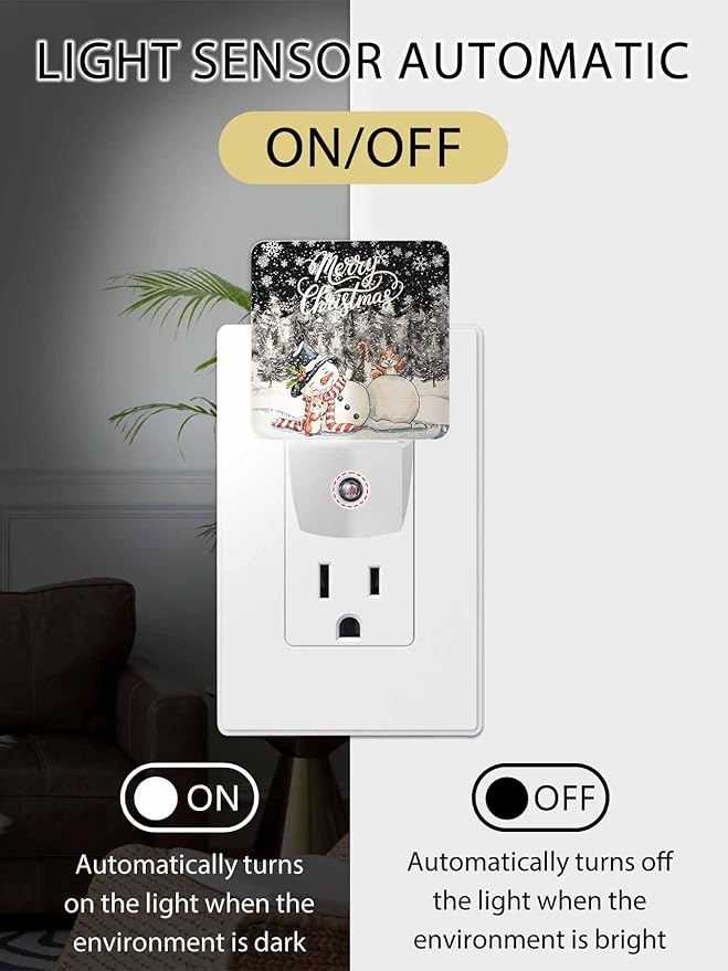 Christmas Night Lights Plug into Wall LED Night Light Snowman Christmas Tree Snowflake Vintage Automatic Dimmable Dusk-to-Dawn Square Shaped Smart Nightlight for Bathroom/Bedroom