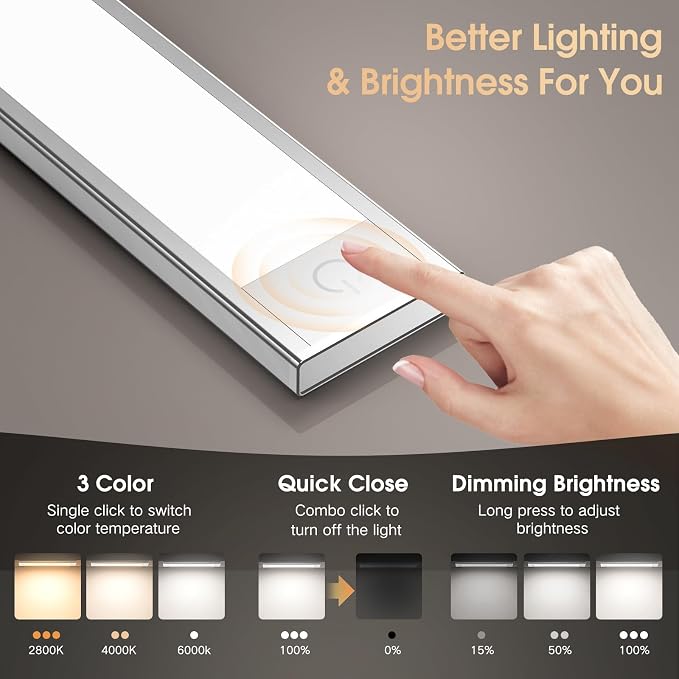 VST 2 Pack Wireless Rechargeable Cabinet Lights Motion Sensor | 3 Color Temperature Dimmable Aluminum Magnetic Night Light with 1800mAh Battery for Kitchen,Closet,Pantry,Hallway,Stair