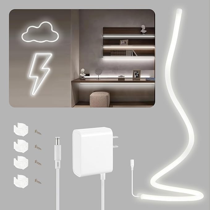 HOUHUI LED Neon Rope Light 360° Lighting,3.28Ft Round Tube 6500K White LED Strip Lights 360 Degree Illumination,IP65 Waterproof Flexible DIY Neon Rope Lights for Bedroom Gaming Room Wall Lights Decor