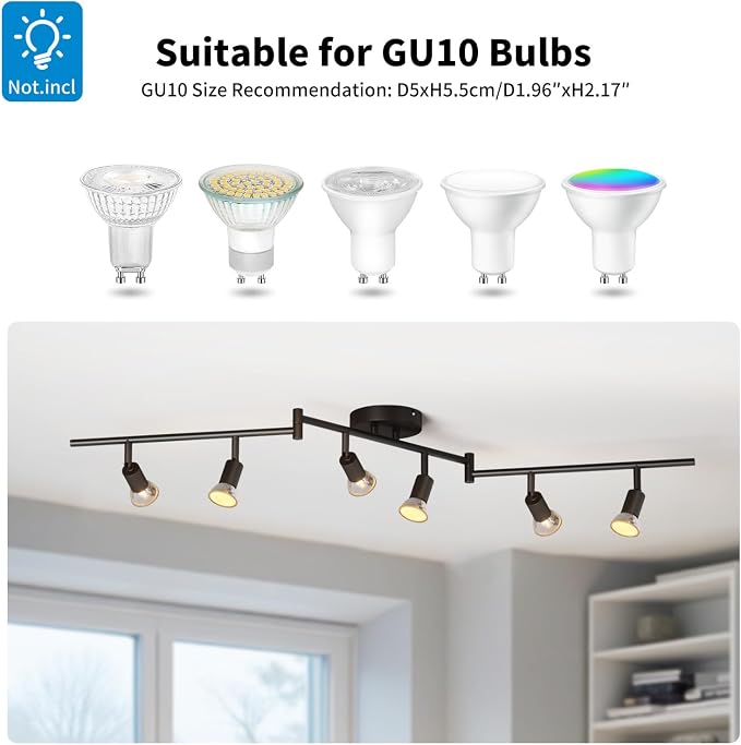 LVWIT 6-Light LED Ceiling Track Lighting Fixtures, Flexibly Rotatable Light Heads, Modern Ceiling Spot Lights for Kitchen, Living Room, Bedroom, Black(GU10 Socket, Bulbs Not Included)