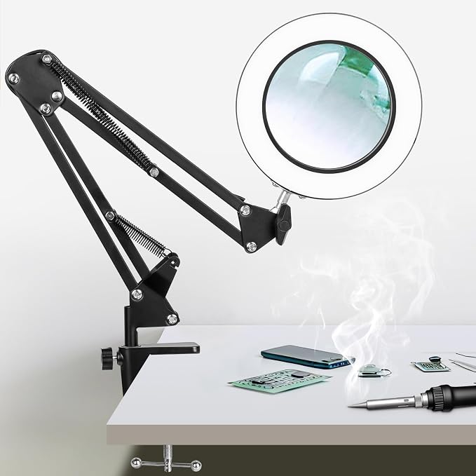 KIRKAS 10X Magnifying Glass with Light and Clamp, Swivel Arm LED Desk Lamp | 10 Level Dimmable 3 Color Modes, Lighted Magnifier with Light for Repair, Craft, Sewing, Reading, Close Work - Black