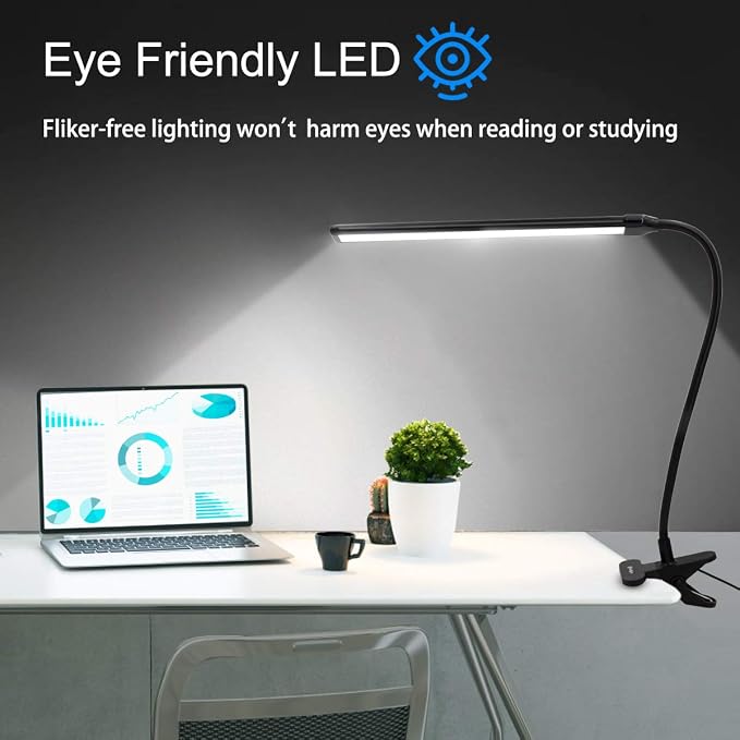 Clamp on Lamp, Clip Light, Desk Lamps 3 Color Temperature Setting, 10 Brightness Levels, 2m USB Cord Power Supply and AC Adapter Included, Pack of 2 (Black)