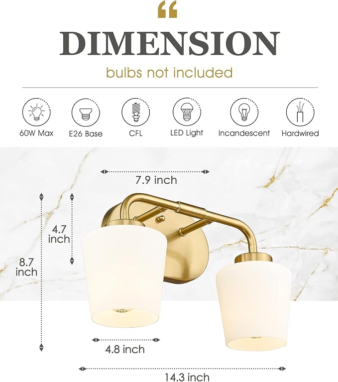 Brushed Gold Bathroom Vanity Light, Farmhouse Brass Sconces Wall Lighting with Milk White Glass, Champagne Bronze Light Fixture Over Mirror, AD-22004-2W-GD