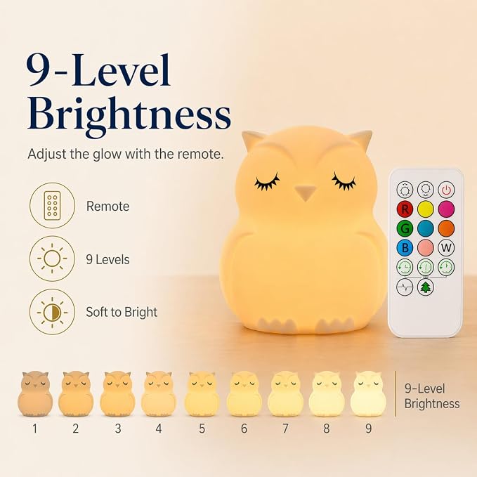Owl Kids Night Light, Baby Nursery New Born Baby Essentials Must Haves | Portable LED Night Lamp for Breastfeeding, Nightlight with Timer, Rechargeable Light for Toddlers Kids, Girl Boy Room Decor