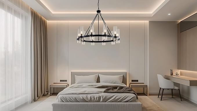 32 Inch Black Wagon Wheel Chandelier with Glass Shade, 10 Lights, Modern Farmhouse Style, Ideal for Dining Room, Kitchen, Entryways