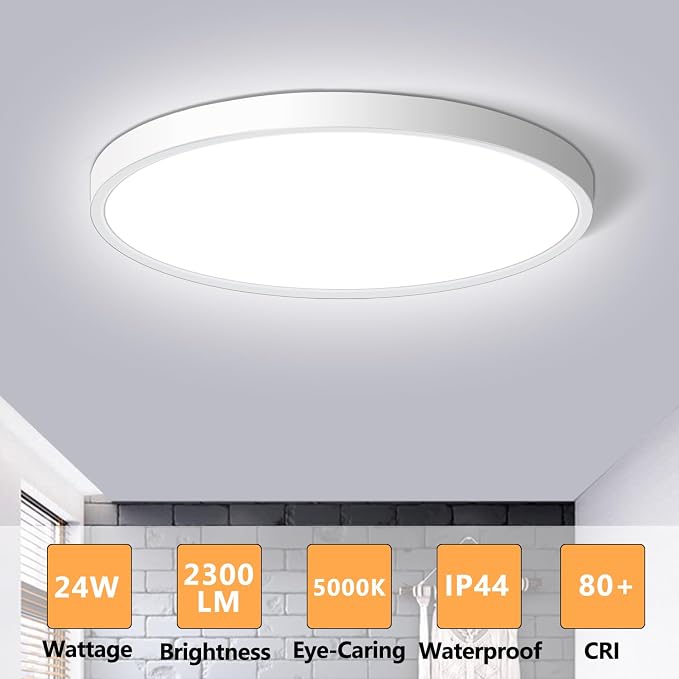 LED Flush Mount Ceiling Light Fixture 12Inch, 24W Flat Light,5000K Ultra Thin Surface Panel Low Profile for Bedroom Kitchen Bathroom Garage Living Room, White (DC-CJ-0030-24W-50K)