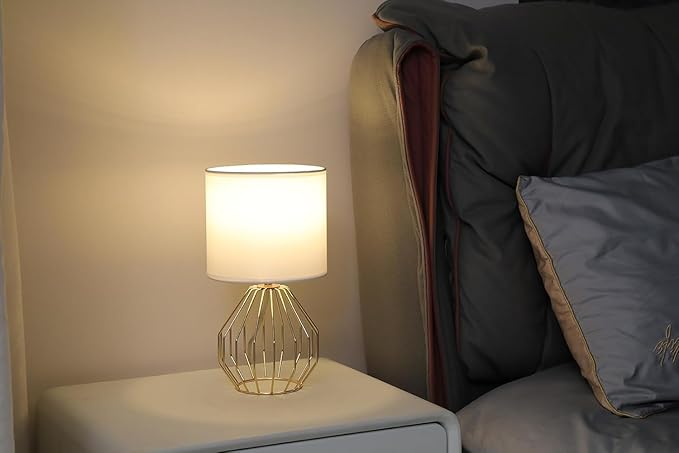 Small Gold Table Lamps, Set of 2 Bedside Nightstand Lamps with White Fabric Shade, Metal Base, Hollow Desk Lamps, Modern Brass Geometric End Table Lamp for Bedroom, Living Room, Office