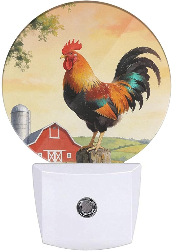 Golden Rooster Night Light Crowing Rooster on Fence Night Lights Plug into Wall for Boys Girls, Plug-in Nightlight 0.5W LED Lighting for Stairway Hallway Bedroom