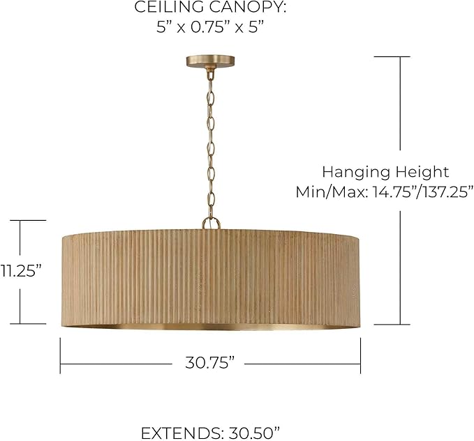 Capital Lighting 450741WS Donovan Mid-Century Modern Artisan Luxe Fluted Mango Wood Drum Chandelier, 4-Light 400 Total Watts, 11" H x 31" W, White Wash and Matte Brass