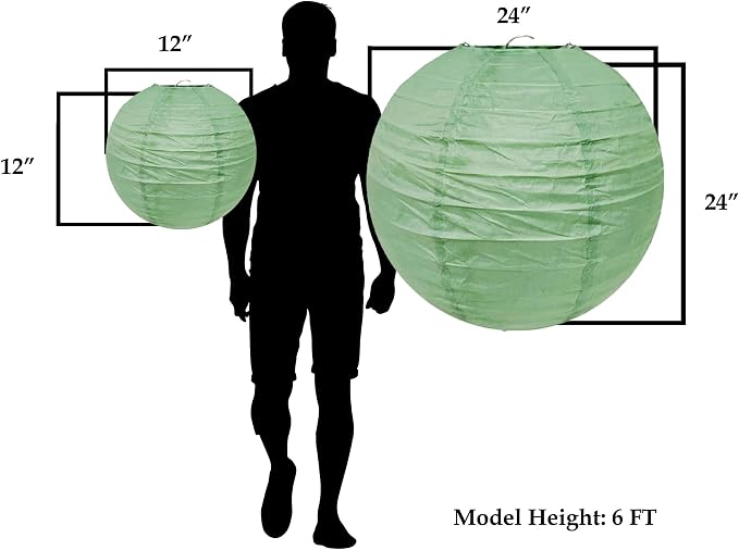 12 Inch Round Chinese Sage Green Paper Lanterns Hanging Decor | 10 PCs, Reusable, Indoor Outdoor Decorative Lamp Shade, for Ceiling, Wedding, Shower, Party, Festival, Home Decoration