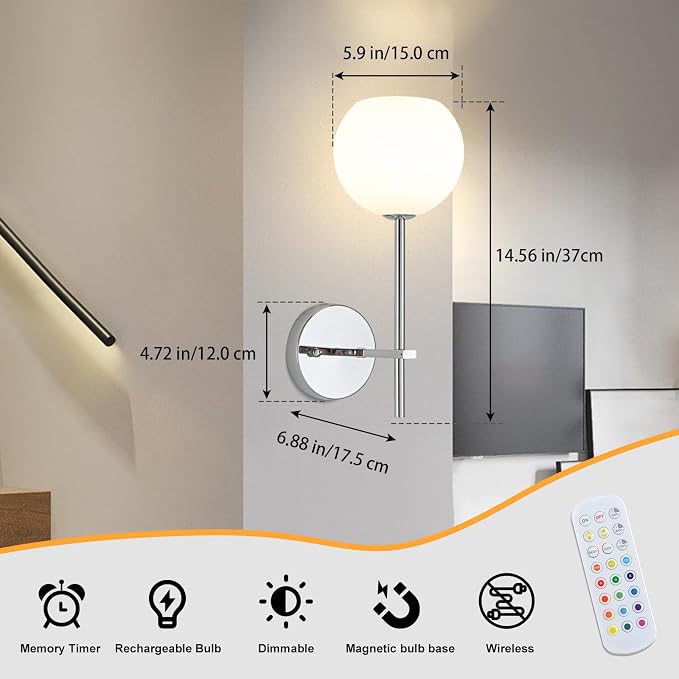 Chrome Battery Operated Wall Sconces Set of 2, Rechargeable Wireless Wall Lights with Milky White Frosted Glass, 12 RGB and 3CCT Dimmable, Wall Lamps with Remote for Bedroom Living Room Hallway