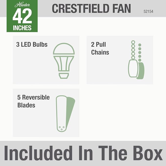 Hunter Crestfield, Indoor, Ceiling Fan, Quiet, 42 inch, Brushed Nickel | with LED Lights and Pull Chain, Low Profile Flush Mount, 5 Blades, For Bedroom, Living Room, Kitchen, 52154