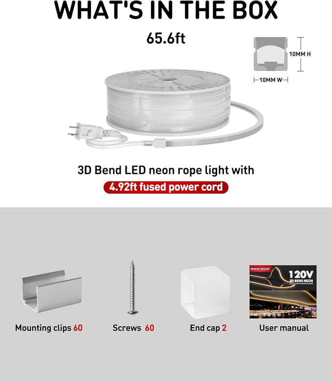 3D LED Neon Rope Light AC 120V 10x10mm, 6000K Cool White,65.6ft | Top & Side Bend, 400LM, Dotless, Driverless, IP65 Waterproof, Cold-Resistant, ETL Listed, Silicone Strip, for Home Commercial