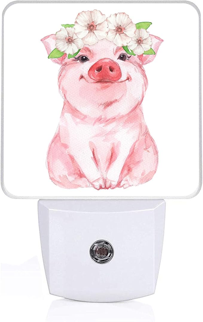 Watercolor Flower Pig Night Light, Plug-into Wall Cute Animals Nightlight Lamp with Dusk to Dawn Sensor, Led Lamp 0.5W Energy Efficient for Boys Girls Adults Home Decor