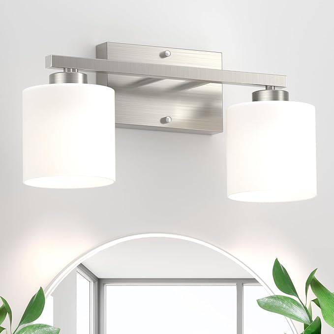 Honesorn Modern Vanity Lights - 2-Light Brushed Nickel Bathroom Mirror Lights with Frosted Shade & Anti-Rust Finish, E26 Wall Mounted