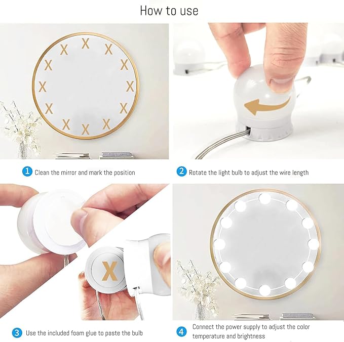 LED Vanity Mirror Lights Hollywood Style USB Fill Light - Adjustable Color Temperature & Brightness, Suitable for Full-Length Mirror, Dressing Room, Dressing Table Set (No Mirror Include) (10 Bulbs)