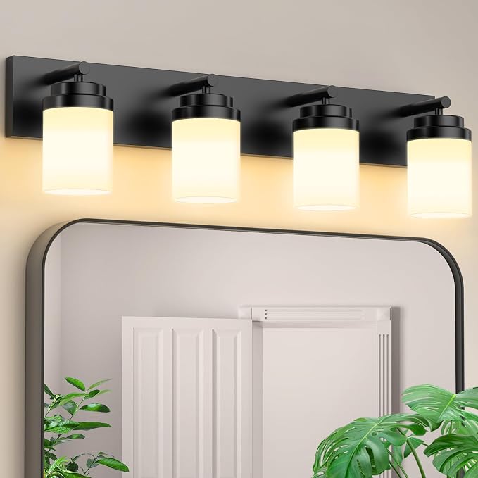 IZORRO Bathroom Vanity Light Fixture, 4-Light 30 Inch Matte Black Bathroom Light Fixtures Over Mirror, with White Glass Shade, Modern Farmhouse Vanity Lights, Rustic Restroom Lighting Fixtures
