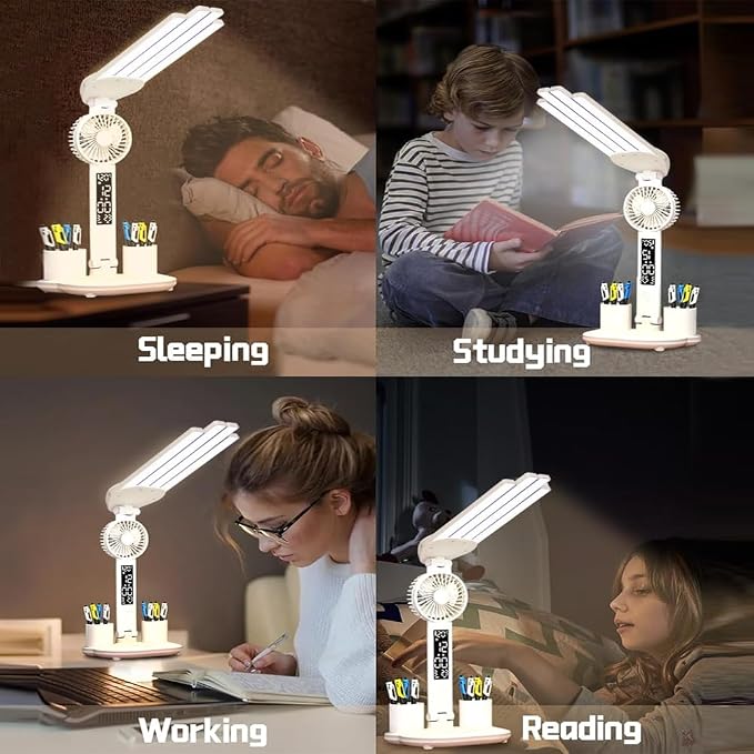 6-in-1 Led Desk Lamp Adjustable Foldable Table Lamp with Fan, Clock, Dates, Temperature, Pen Holder, 3 Color & Stepless Dimming, Reading Lamp for Study Table Work Office