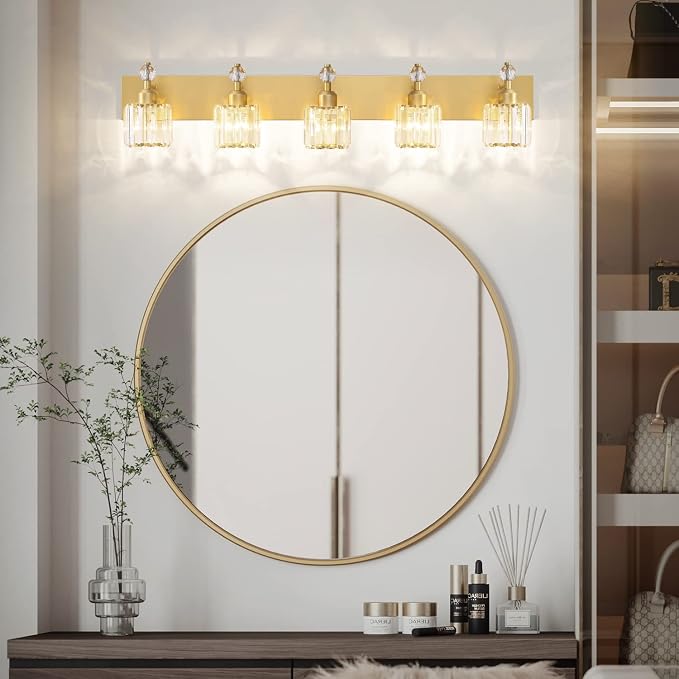 PRESDE 5-Crystal Bathroom Vanity Light Modern Gold Bathroom Lights Fixtures Over Mirror Modern Bath Wall Lighting
