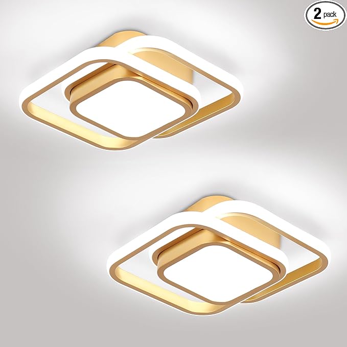 2 Packs Modern Led Ceiling Light Acrylic Square Small Ceiling Lamp Cool White 6000K Hallway Lighting Fixtures for Bedroom Kitchen Living Room Study Hallway Small Asile Lamp Corridor Lights (Gold)