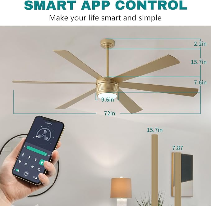 SHOWDI Ceiling Fan with Lights and Remote, 6 Blade App Control Timer Reversible Stepless Brightness and Color Temperature Outdoor Wood Ceiling Fan with Lights (Gold, 72 Inch)