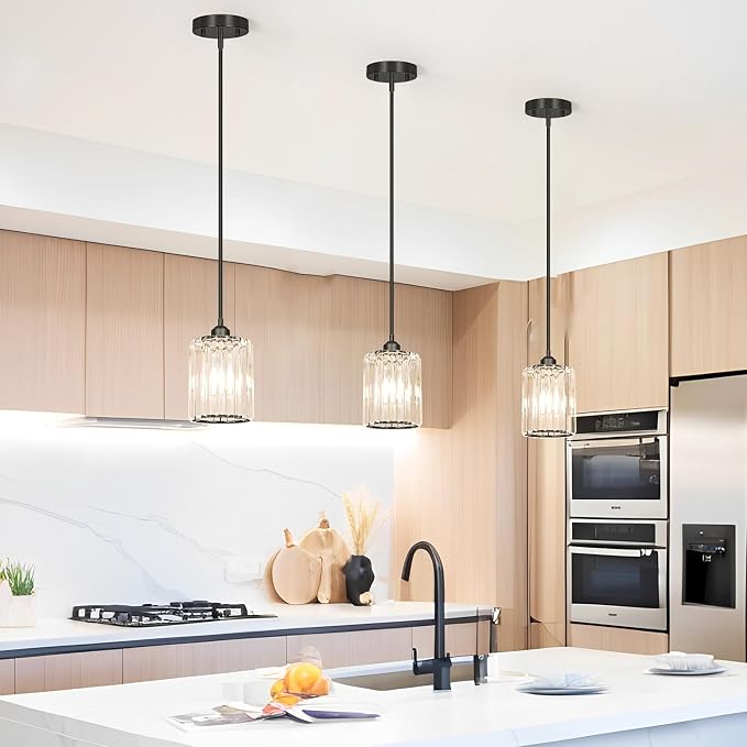Lxybcce Black Kitchen Pendant Lights Over Island with Adjustable Rods - Crystal Pendant Lighting Fixtures 3 Pack, Ideal Over Dining Table or Bar, E26 Bulb Compatible, No Electrician Needed