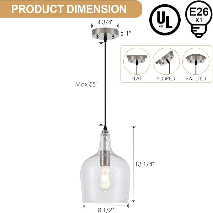 9” Brushed Nickel Seeded Glass Pendant Light Modern 1 Light Single Dome Pendent Lighting Fixtures for Kitchen Island Dining Room Hallway, UL Listed