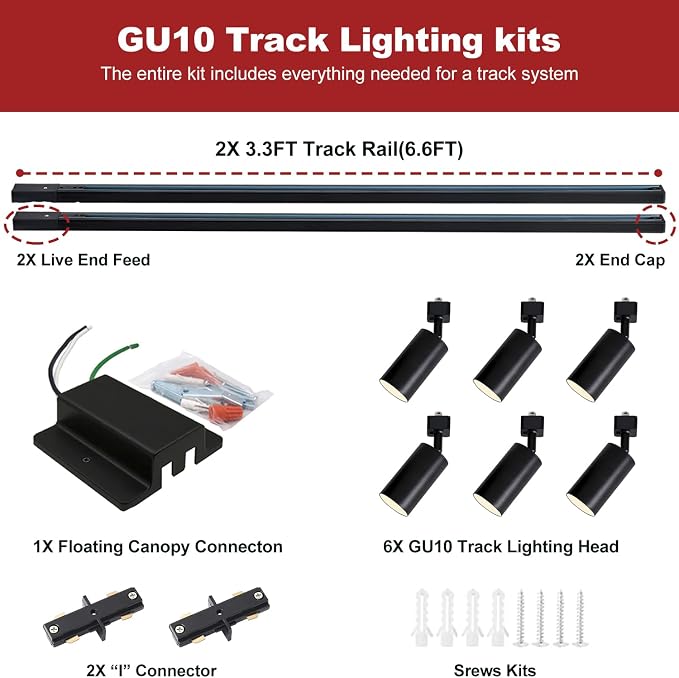 6-Light LED Track Lighting Kit with 6.6FT H Type Track Lighting Rails and Floating Canopy Connector, Modern Kitchen GU10 Track Lighting Fixtures Ceiling Spot Light, Black (No Bulbs)